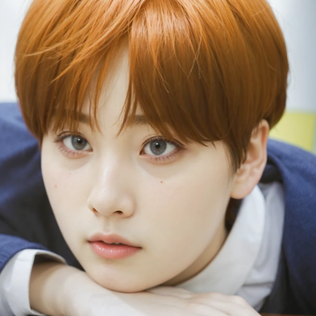 Arafa femenine boy with colored hair sitting at a table, jung jaehyun, Yoongi, Min Yoongi, adorable and pale korean face, ulzzang inteligente, Kim Doyoung, with short hair, jossi do blackpink, Hong Jun Hyung, Tae June Kim, ulzzang, the hime cut, Jaeyeon Nam, xqc, park jimin, tomboy short platinum hair