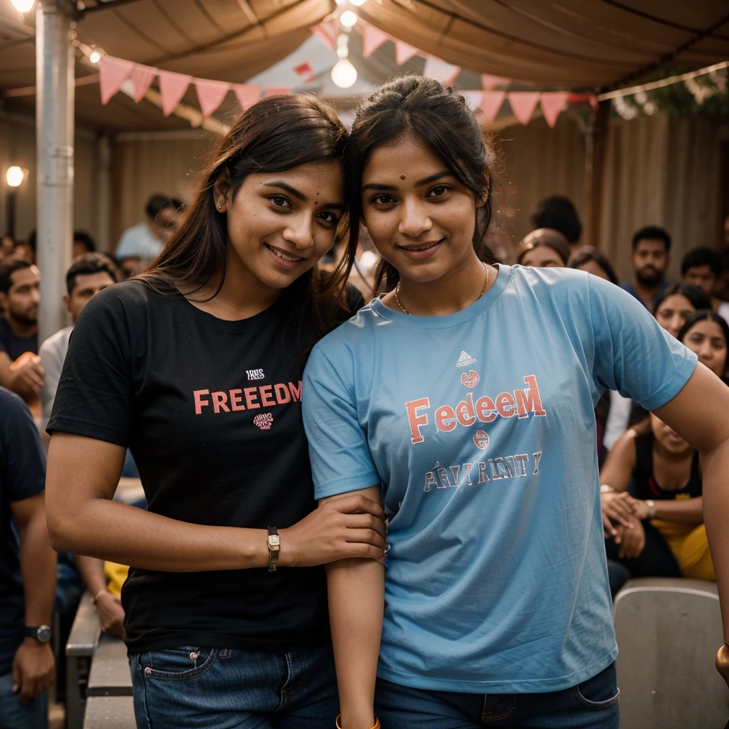 "A hand-holding picture of an Indian couple watching a kabaddi match. The guy has a full black beard, wearing a grey full-sleeve t-shirt and blue track pants, with shiny yellow and red thread tied on his wrist. The woman is wearing a pink t-shirt with 'freedom' written on it, tucked into blue jeans, with a red and black thread tied on her wrist and a copper-colored watch. Both are looking at the camera with smiling and happy expressions, in cinematic lighting."