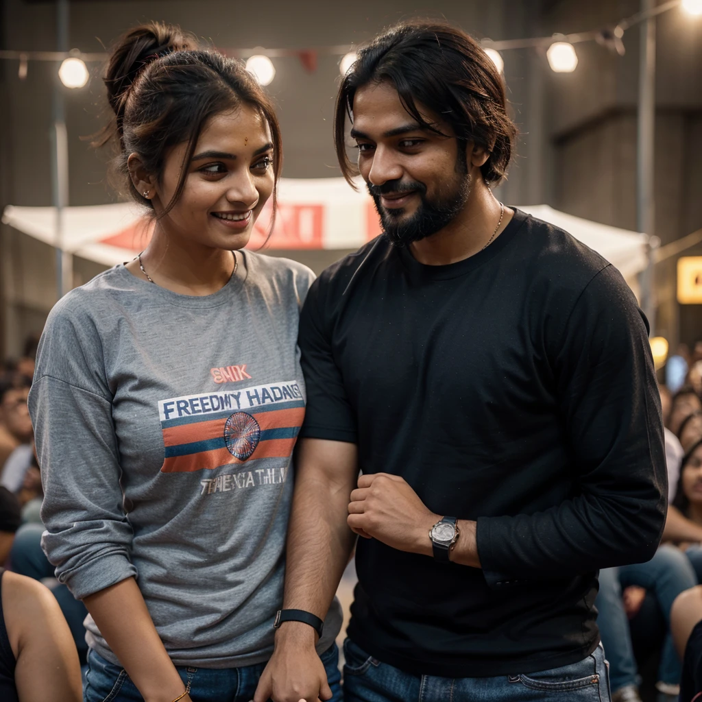 "A hand-holding picture of an Indian couple watching a kabaddi match. The guy has a full black beard, wearing a grey full-sleeve t-shirt and blue track pants, with shiny yellow and red thread tied on his wrist. The woman is wearing a pink t-shirt with 'freedom' written on it, tucked into blue jeans, with a red and black thread tied on her wrist and a copper-colored watch. Both are looking at the camera with smiling and happy expressions, in cinematic lighting."