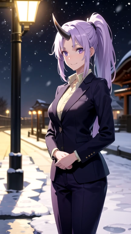 photorealistic, (4k), depth of field, (Masterpiece), (realistic skin texture), extremely detailed, intricate, hyper detailed, professional photography, bokeh, high resolution, sharp detail, best quality, woman,  purple hair, ponytail, purple eyes,  purple suit, purple pants, horn, head down , japanese architecture, torii, winter, (snowing:1.3), snowflakes, cold, freezing, stars, (night sky:1.3), snowy road, smile,