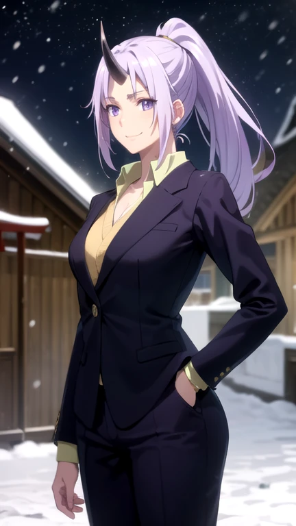 photorealistic, (4k), depth of field, (Masterpiece), (realistic skin texture), extremely detailed, intricate, hyper detailed, professional photography, bokeh, high resolution, sharp detail, best quality, woman,  purple hair, ponytail, purple eyes,  purple suit, purple pants, horn, head down , japanese architecture, torii, winter, (snowing:1.3), snowflakes, cold, freezing, stars, (night sky:1.3), snowy road, smile,