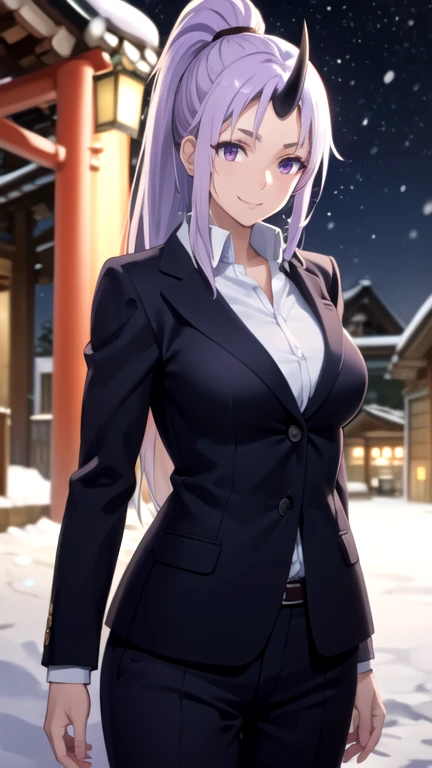 photorealistic, (4k), depth of field, (Masterpiece), (realistic skin texture), extremely detailed, intricate, hyper detailed, professional photography, bokeh, high resolution, sharp detail, best quality, woman,  purple hair, ponytail, purple eyes,  purple suit, purple pants, horn, head down , japanese architecture, torii, winter, (snowing:1.3), snowflakes, cold, freezing, stars, (night sky:1.3), snowy road, smile,