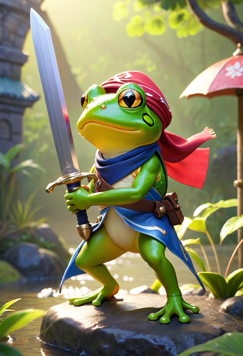 Esbian all over、Cool Frog、Pop Frog、Diorama、Simple Background、bandana、Holding a big sword in his hand、Best Quality, Capture the cutest moments, Depth of written boundary, Super detailed, Ultra-high resolution, Octadale, 8k, 16km race