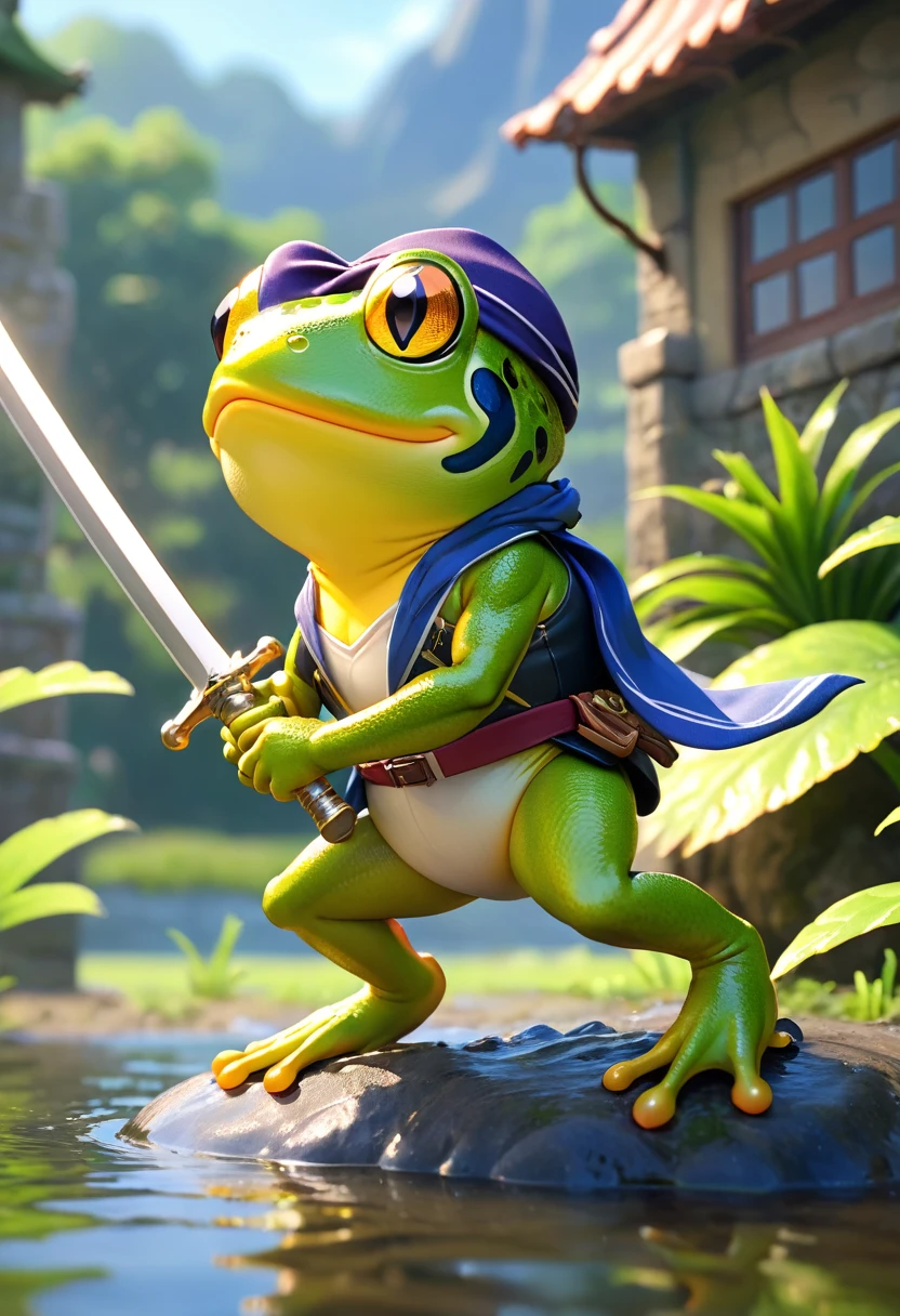 Esbian all over、Cool Frog、Pop Frog、Diorama、Simple Background、bandana、Holding a big sword in his hand、Best Quality, Capture the cutest moments, Depth of written boundary, Super detailed, Ultra-high resolution, Octadale, 8k, 16km race