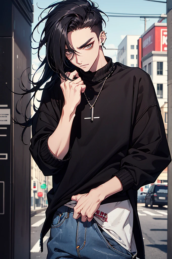 (best quality) (detail), 1 guy, thin, manly, punk, black oversize sweater, spike hair, baggy jeans, long hair, photography, dark, piercing, black hair