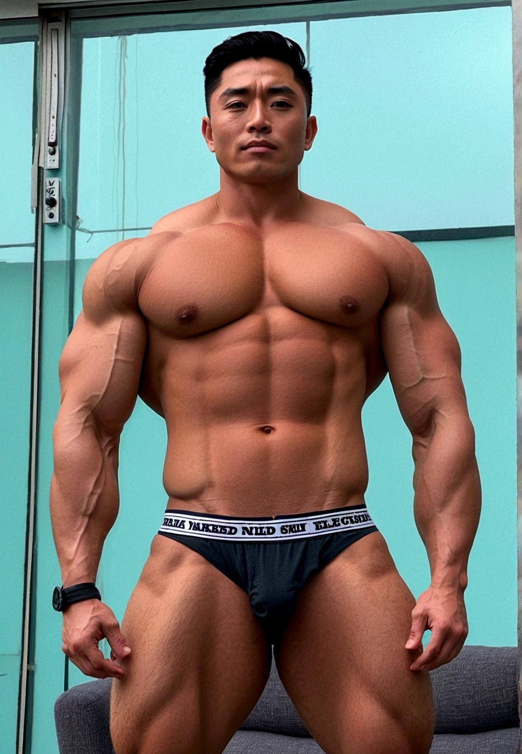 Naked Japanese Bodybuilder,sunburn skin  Black Japanese bodybuilde,,、Developed muscleature atmosphere、22yo,Oversized Big body,no body hair,naked,Very bulky Big underboobs, Skin with visible veins, medium length hair,A cinematic scene unfolds in 8k resolution, where in brig,(Gorilla-like face:0.6),Big Nose,(big penis:1.2)(Thick penis:0.9)(elect penis:1.4)(Detailed elect penis shape:1.4)Erect penis、Thick penis、nsfw、Strong sexual attraction、Sex symbol、Big eyes、Thick lips、Photos with clear people、Thick eyebrows