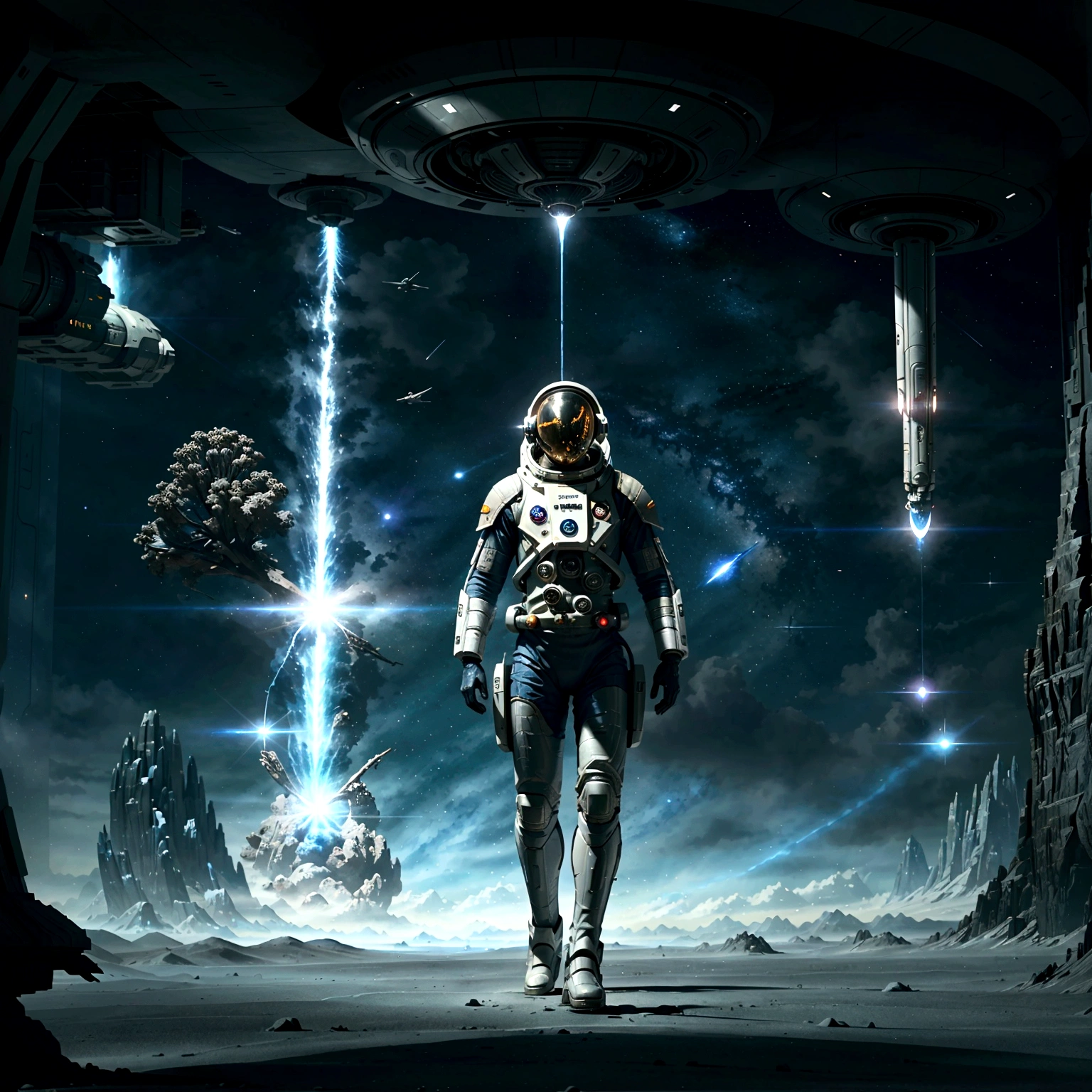 arafed image of a astronaut in a space suit walking through a sci - fi environment, mystical sci-fi concept art, sci - fi illustrations, sci-fi illustrations, depicted as a scifi scene, award winning scifi art, epic fantasy sci fi illustration, beautiful sci fi art, sci-fi fantasy art, sci fi artwork, sci-fi space game art