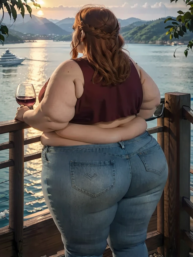 A backview photo of a Beautiful ginger SSBBW, with long wavy light Brownish-ginger braided hair, freckled body thicc fat arms, very thicc wide legs, huge obese booty in tight short jeans, and cute loose dark blue top, standing on a cruise, crusie side next to a cruise fence on a vacation, holding a glass of wine while looking to the water in a lake watching the sunset behind the hills