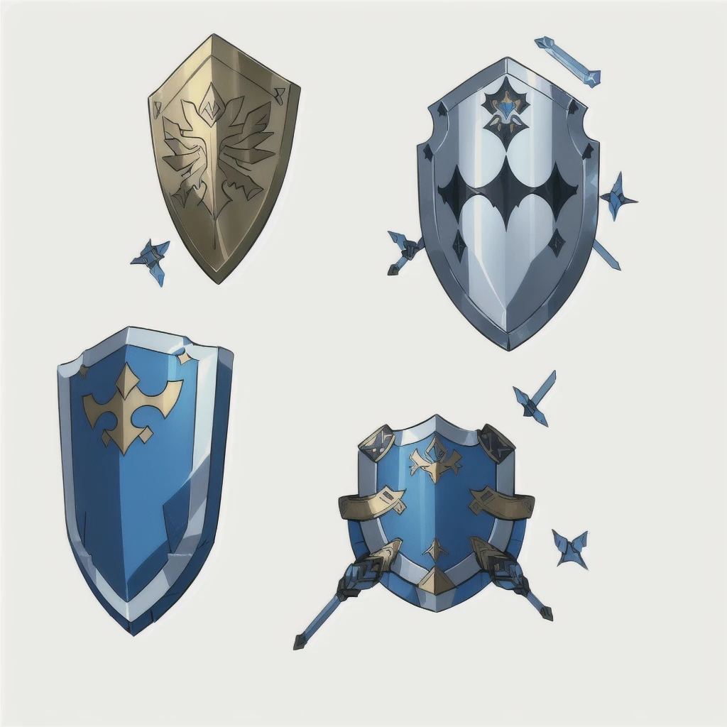a close up of a bunch of different shields on a white background, shields, shield design, shield, fantasy shield, armor elements, shield, holding weapon and shield, riot shields, RPG Game Items, metallic shield, Game Assets, game icon asset, video Game Assets, pokemon sword and shield, 2 d Game Assets, weapons and armors