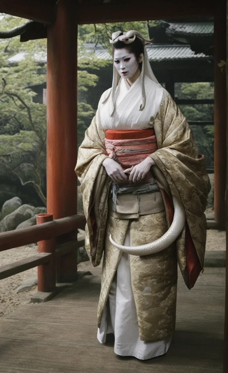 a woman, white face, kimono, A large white snake is wrapped around the body, Inside the shrine, dim atmosphere, realistic photo, --ar 16:9