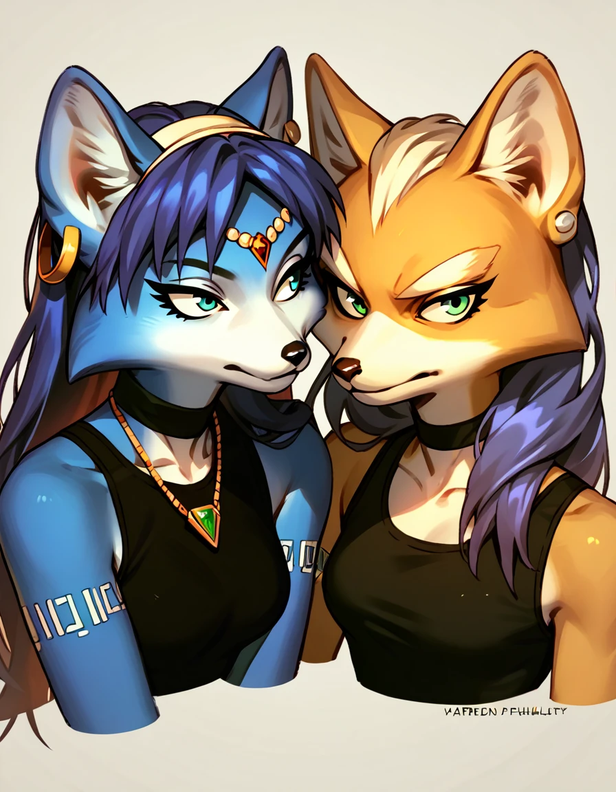 score_9, score_8_up, score_7_up, score_6_up, score_5_up, score_4_up, duo, Fox Mccloud, Krystal swift, violet hair, hair, long hair, ear piercing, black eyeliner, black tank, rating_questionable