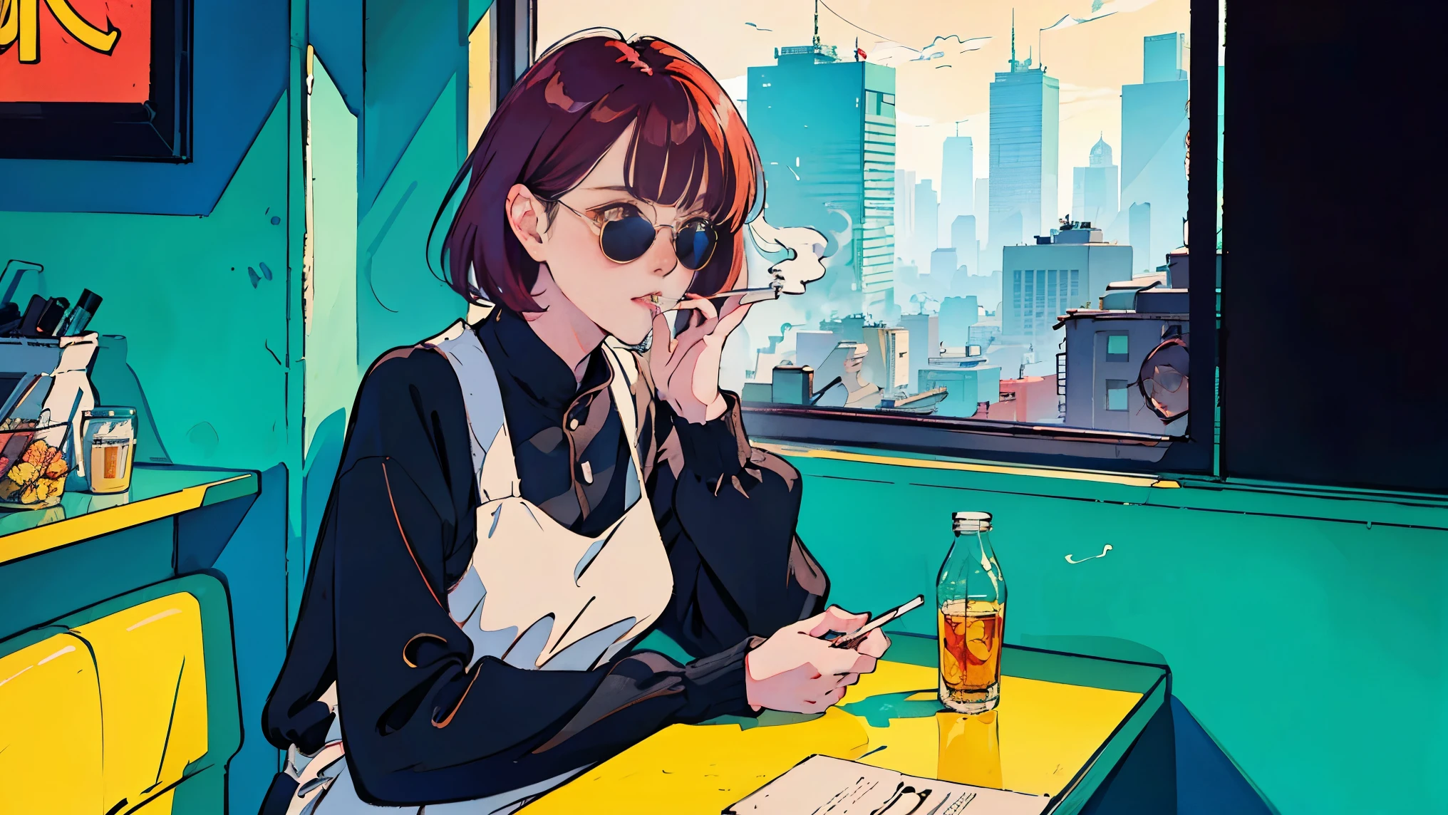 Beautiful redhead Asian girl sitting in a diner early in the morning, Visible from the window, perfect face, sunglasses, Smoking white Taylormade cigarettes, neon black, (with backlight: 1.1), hard shadow, masterpiece, highest quality, Complex, model shooting style, vintage, film grain, incomplete details、While eating