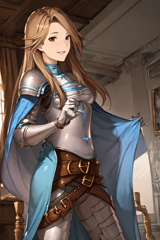 katalina (granblue fantasy), solo, 1girl, armor, gauntlets, belt, breastplate, shoulder armor, cape, cape covers, pauldrons, pants, room, smile, standing, best quality, masterpiece 