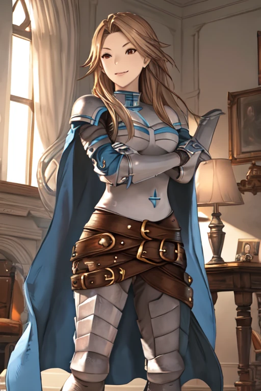 katalina (granblue fantasy), solo, 1girl, armor, gauntlets, belt, breastplate, shoulder armor, cape, cape covers, pauldrons, pants, room, smile, standing, best quality, masterpiece