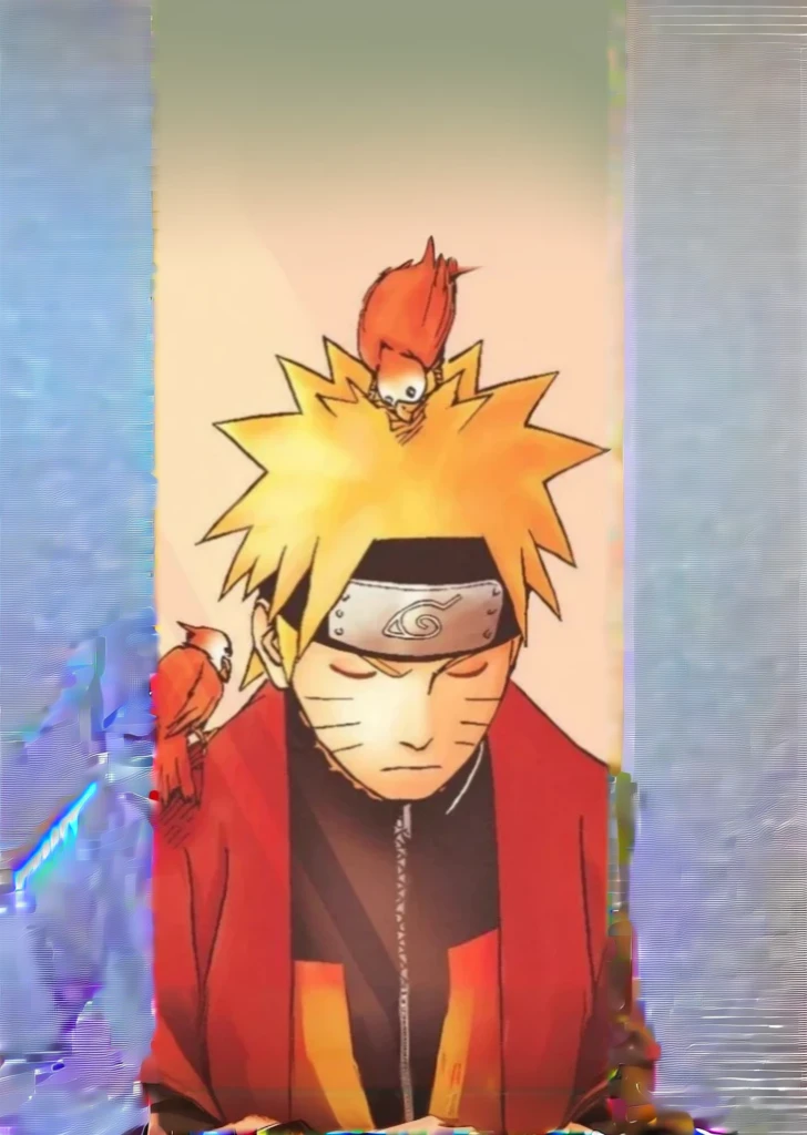 is sitting with one knee raised and the other leg bent underneath. Pose when Naruto Uzumaki&#39;s legs are joined together in the form of a fist during his training for Hermit Mode.. He is in a Buddhist posture. He wears a red cape with black details., open in front to reveal a black shirt underneath. Two toads are on his shoulders, suggesting it could be Naruto during his training for Hermit Mode. a closeup of a person with a bird on his head, naruto art style, Naruto Uzumaki, Naruto Uzumaki costume sage mode is a funny charismatic character he wears an original costume and a red cape he is meditating with his hands bumping two fists and raw legs sitting he is wearing black sandals Nine tails, Ryuu, cheered up style”, itachi uchiha, cheered up!!!!, arte the fan, cheered up!!! Naruto Uzumaki expands original clothing and background