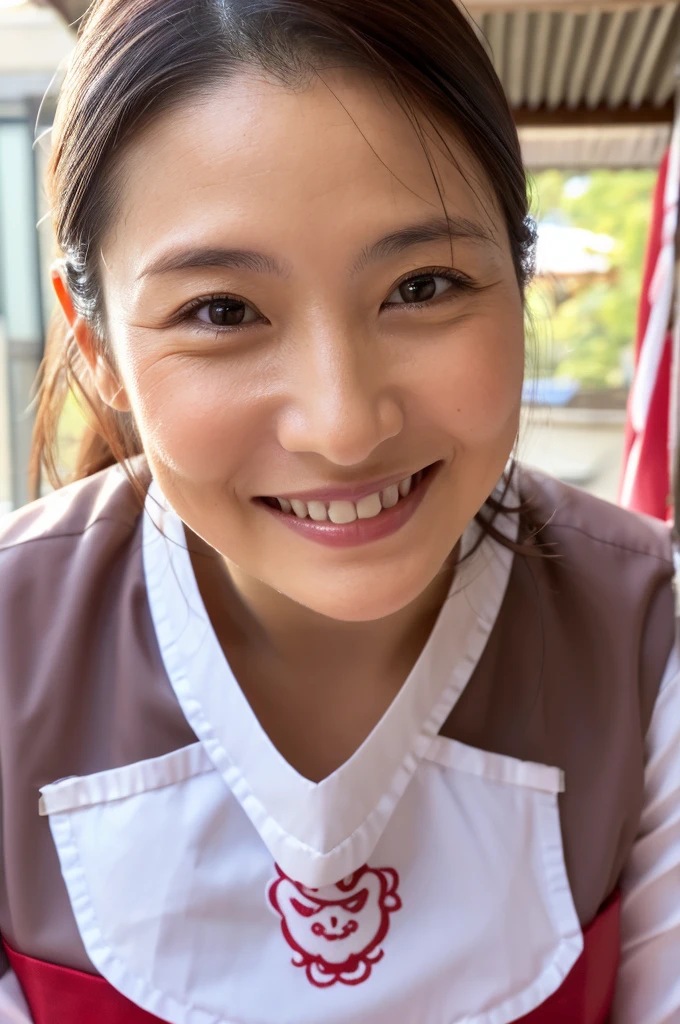 ((Highest quality)), ((masterpiece)), (detailed), Japanese, 40 years old, Beauty, Front face,Face close-up,smile, Nagoya,Facial wrinkles, apron