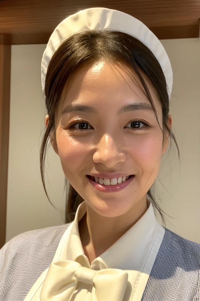 ((Highest quality)), ((masterpiece)), (detailed), Japanese, 40 years old, Beauty, Front face,Face close-up,smile, Nagoya,Facial wrinkles, apron