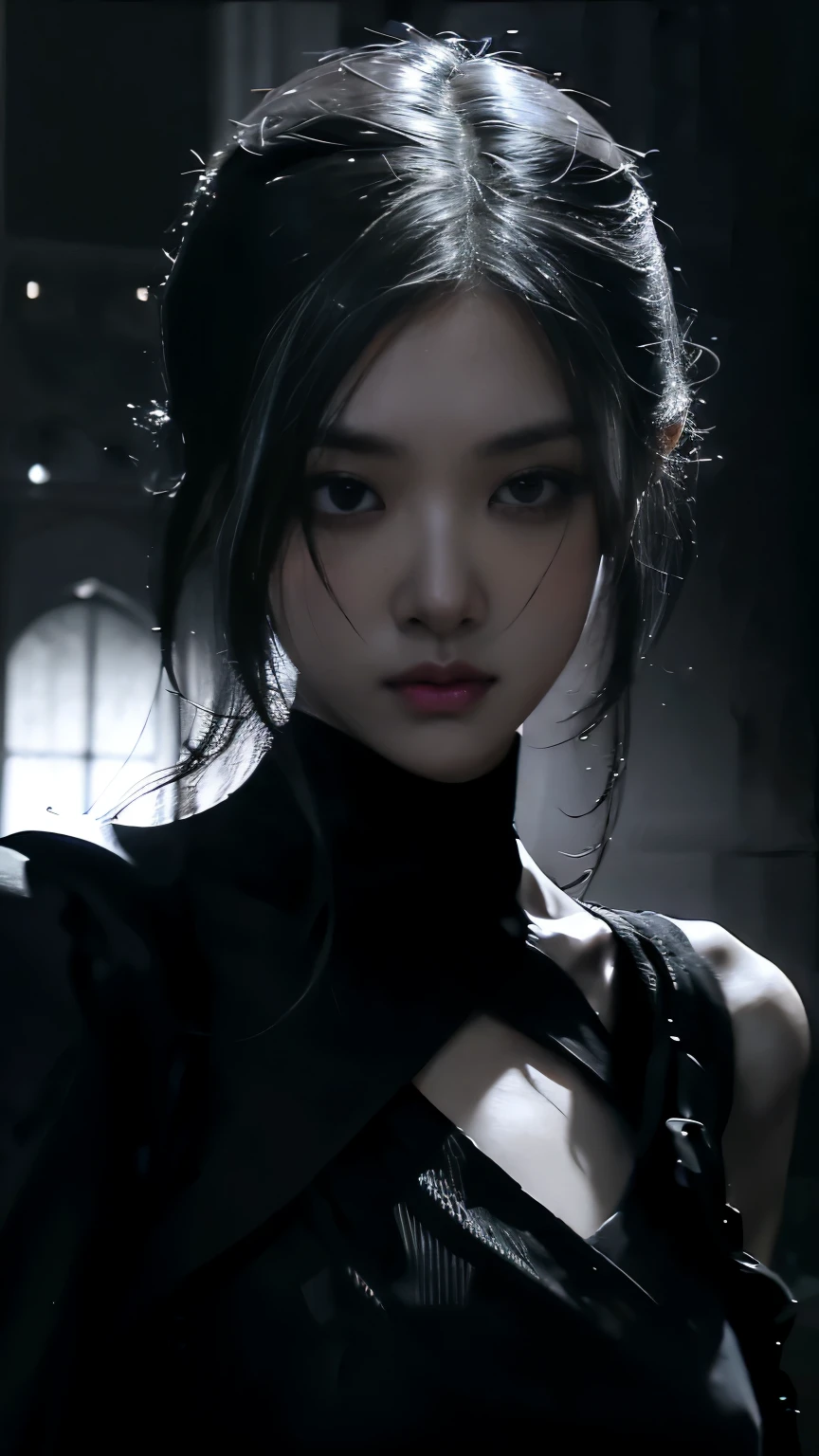 (best quality, highres:1.2), realistic, black dress, black hair, dark theme, black background, dark ninja, intense gaze, elegant posture, flowing dress, detailed facial features, long eyelashes, contrast, fine details, dramatic atmosphere, gothic style, intense emotions, monochrome color palette, captivating setting, haunting beauty, artistic photography, everything is black
