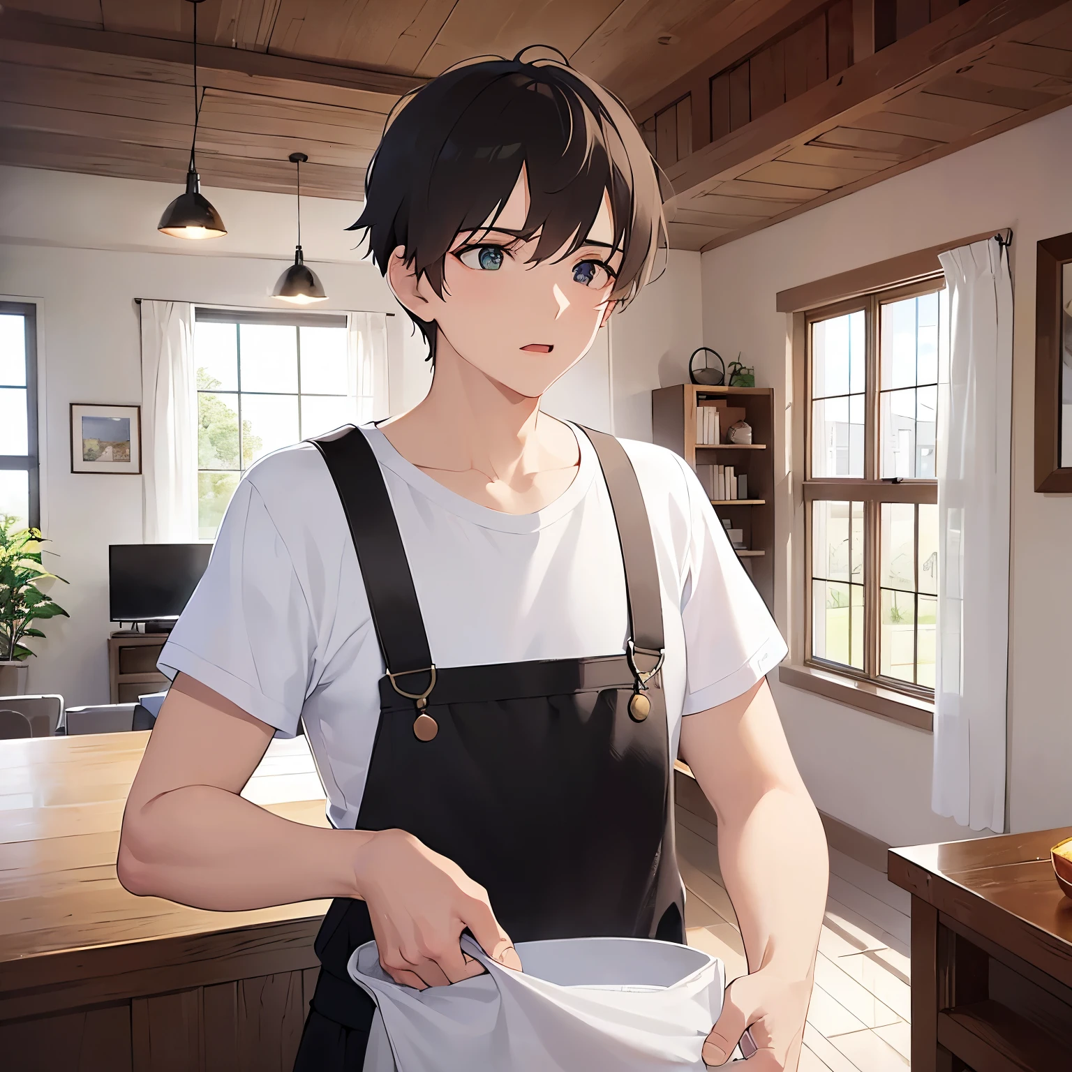 upper body,(looking away:1.5),shiny skin,masterpiece、Highest quality、(25-year-old male:1.5) and (Brown short hair) and (Green Eyes),(whiteTshirt:1.5),The background is the living room,(alone:1.5)、open mouth,apron、laundry