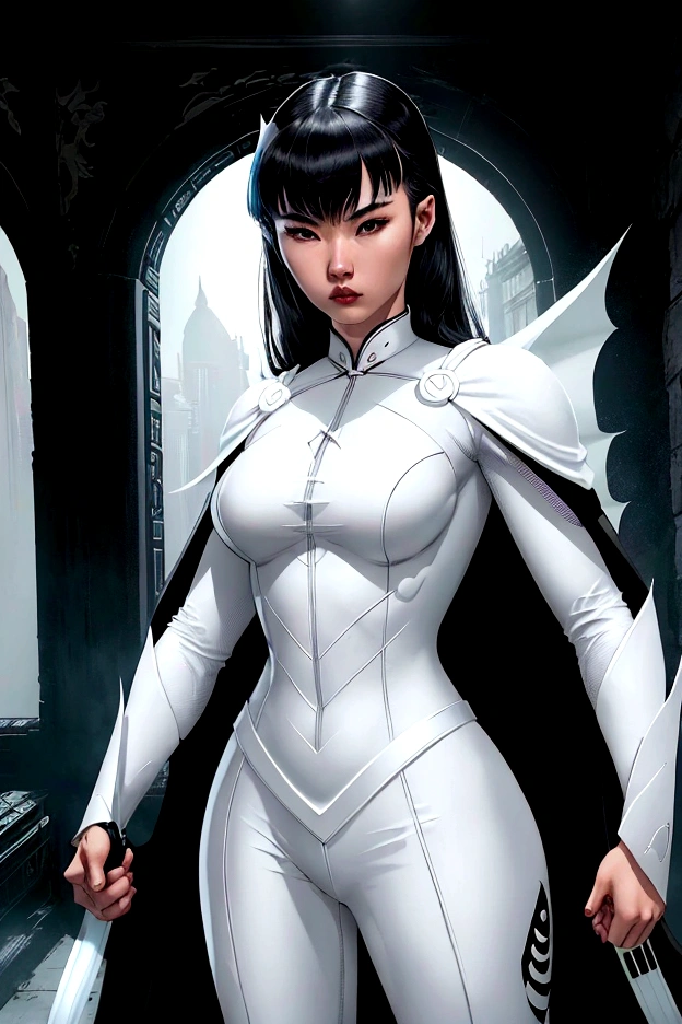 superhero, modern super hero costume, white bat costume, style like a black bat suit and, white suit for girl, ninja, with a Chinese sword, Beautiful Chinese woman, Chinese woman with bangs, courageous character, Kind, Brave, determination, on the battlefield