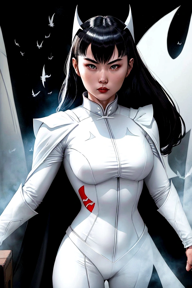 superhero, modern super hero costume, white bat costume, style like a black bat suit and, white suit for girl, ninja, with a Chinese sword, Beautiful Chinese woman, Chinese woman with bangs, courageous character, Kind, Brave, determination, on the battlefield