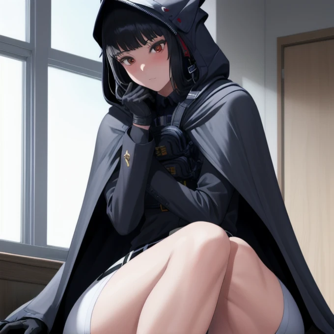 Solo, 1girl, dnikke, long sleeves, hood up, black shirt, gloves, shorts, cloak, cape, belt, tactical clothes, room, sitting 