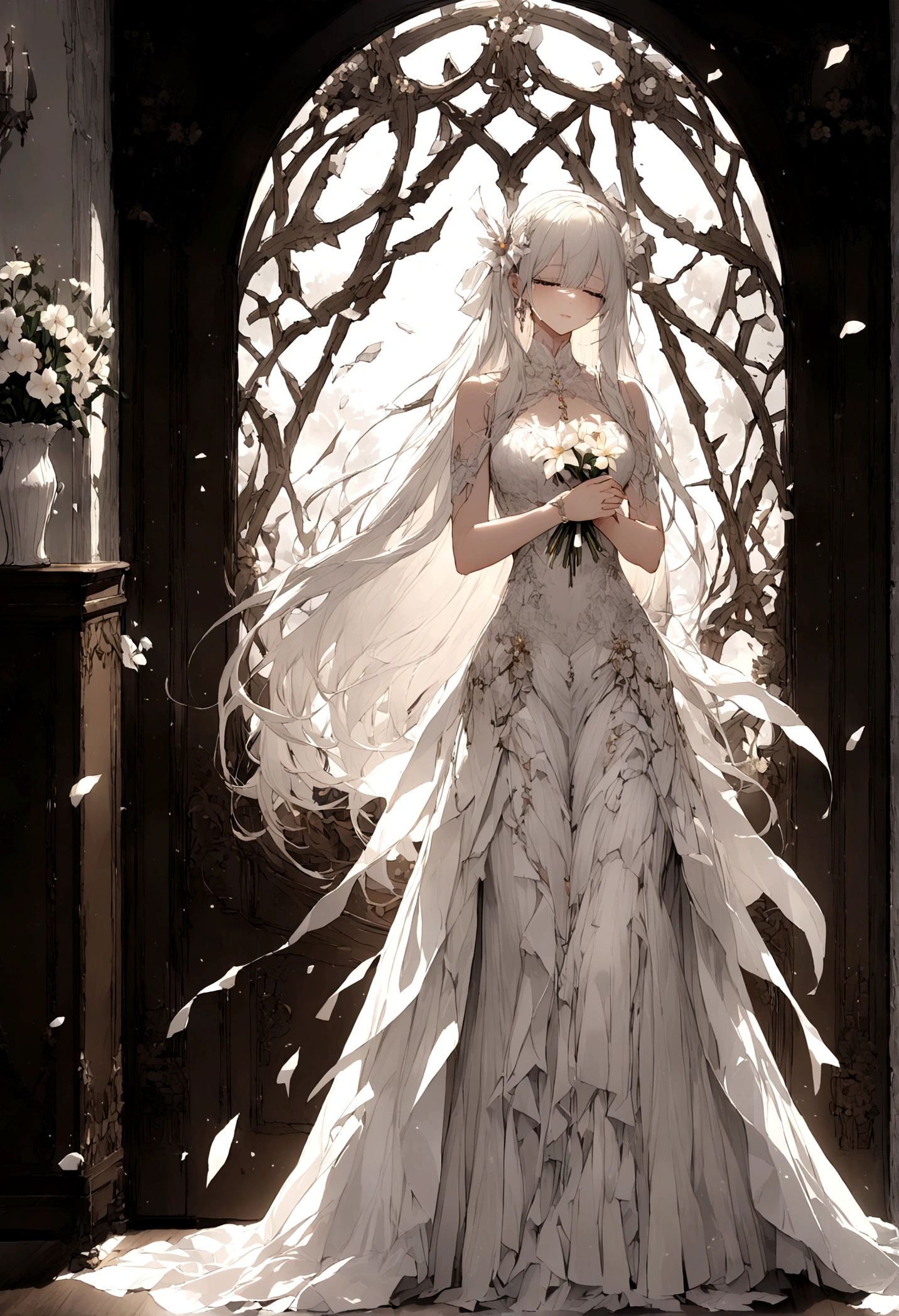 Passing by,(Standing outside the door),Fragments,Close your eyes,Tears,(Kiss the flower in hand),beautiful,White long hair,((Broken lens)),Starlight,White long skirt