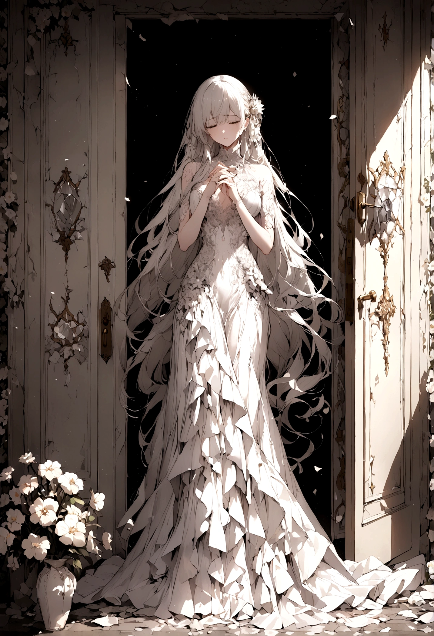 Passing by,(Standing outside the door),Fragments,Close your eyes,Tears,(Kiss the flower in hand),beautiful,White long hair,((Broken lens)),Starlight,White long skirt