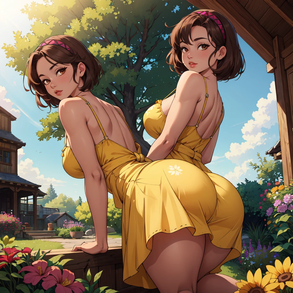 (masterpiece,best quality,absurdres,beautiful,aesthetic,detailed),outside,garden,flowers,dappled sunlight,1girl, big booty,tsukumo yatsuhashi, hairband,brown eyes,yellow sundress,looking at viewer