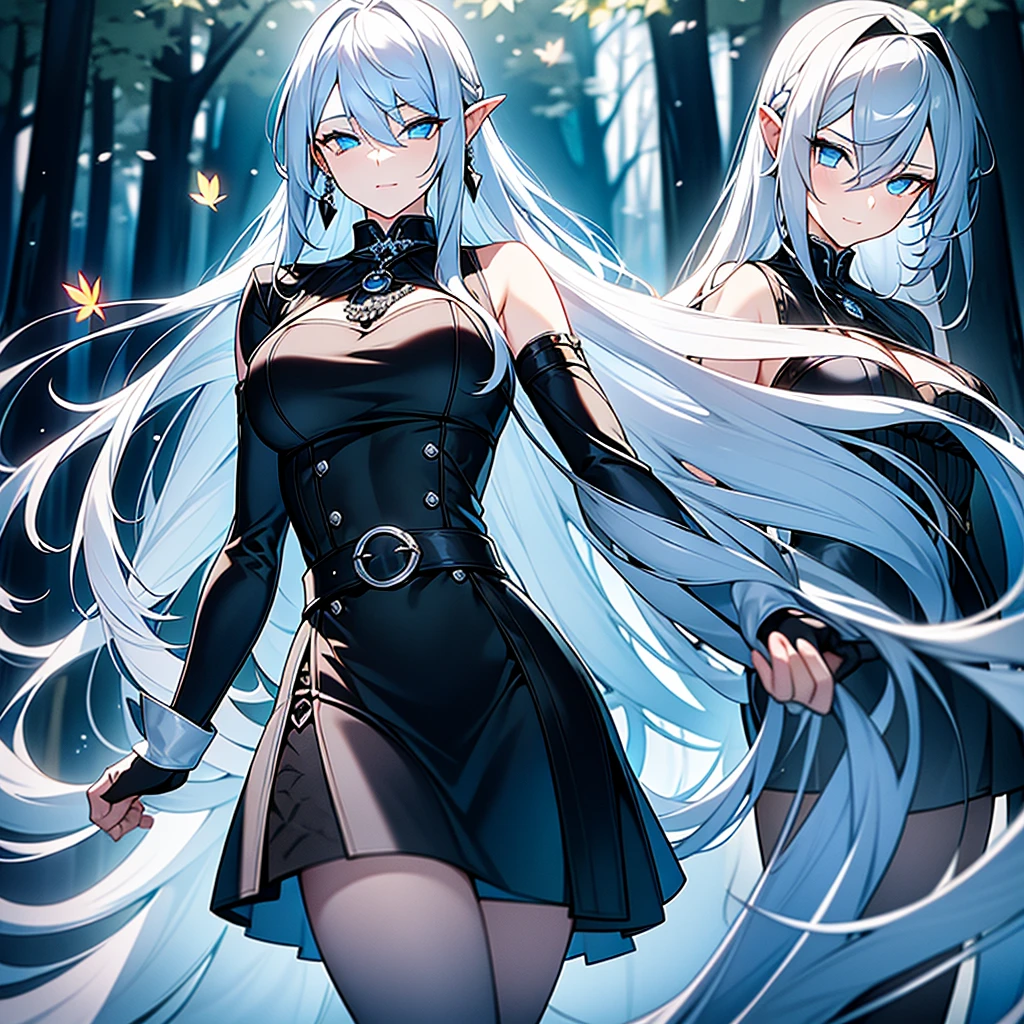 a beautiful woman with long silver hair, pointed ears, and bright blue eyes, wearing a black dress with a high collar and short skirt, a thick silver chain belt with a round silver medallion, black leather gloves, and silver earrings with a small blue sapphire, walking through a red maple forest with falling red maple leaves covering the ground, sunlight streaking through the trees, highly detailed, photorealistic, masterpiece.