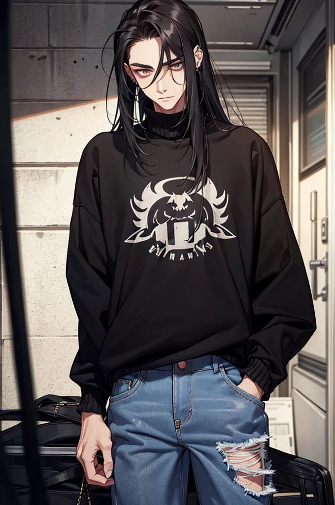 (best quality) (detail), 1 guy, thin, manly, punk, black oversize sweater, baggy jeans, long hair, dark, piercing, black hair