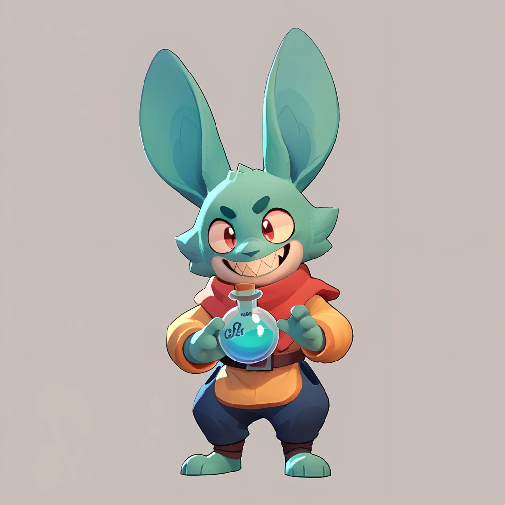 Full body view of a small, spherical, male monster with light teal fur, long ears, sharp teeth, smiling, holding a green potion in his hand