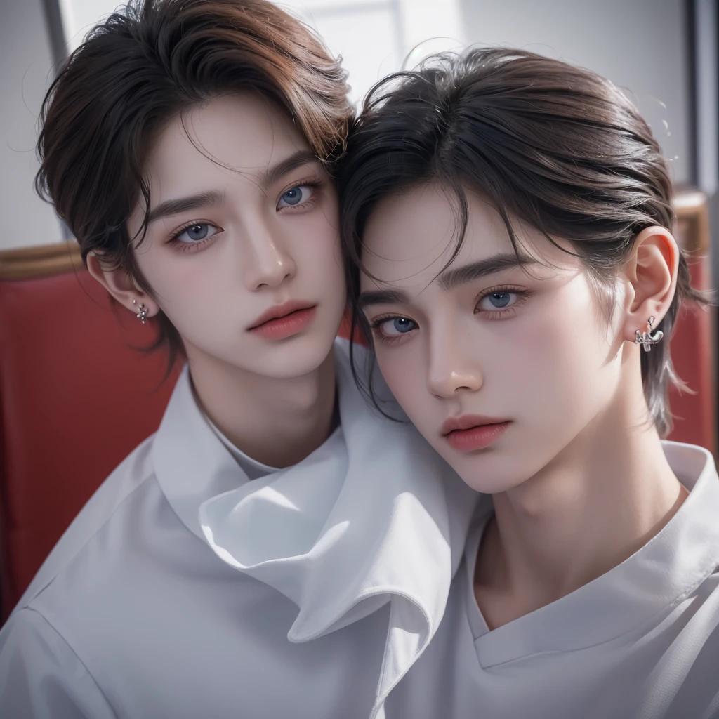 ((highest quality, 8K, masterpiece: 1.3)), 1 boy 、15-year-old、Delinquent boy、 well-groomed face, red color、thin face、(white skin:1.5), blue eyes、Super handsome、laugh suspiciously、sexy eyes、Extra-fine face, handsome nose, small eyes and face, beautiful lighting, High resolution, detailed mouth, smile, whole body: 1.5, perfect body shape、super slim,Midial Hair、pointed hair、korean idol fashion、pattern shirt、 Silver earringspiercing.