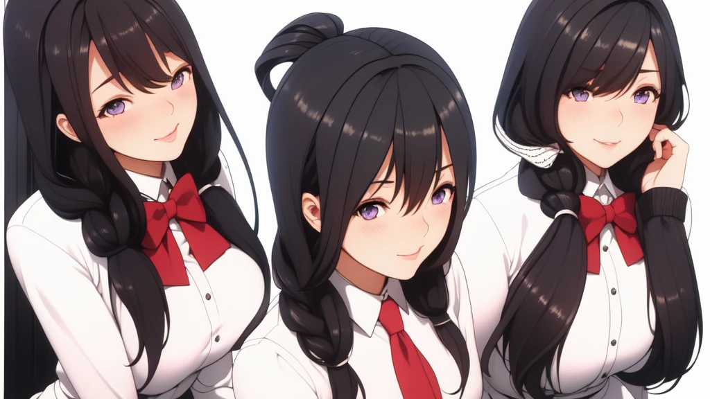 Simple white Background,
Dynamic posture, attention, full body,
School _ Uniform, red _ bow tie, white _ Shirt, pleats _ skirt, long sleeves,
Black _ hair, long _ hair, hair _ pull _ back, part _ lips, purple _ eyes, braid, minisskirts, black silk stockings, white high heels, butt showing pink vagina, open thighs, shy, blushing, inner monologue: Don't, don't, don't, breasts can't be milked,
A girl, 20 years old, young woman, beautiful long legs, beautiful body,
Beautiful Nose, beautiful character design, perfect eyes, perfect face,expressive eyes, perfect balance,
Looked at the audience, Focus on its ehrs face), shut up. (innocent _ the _ eyes: 1.3), (_ smile light: 0.7),
Official art, extremely detailed CG unity 8k wallpaper, perfect lighting, colorful, bright _ front _ face _ light ing, shiny skin,
(Beautiful, large _ breasts :1.5, bouncing up and down),(beautiful _ face :1.5),(narrow _ waist),