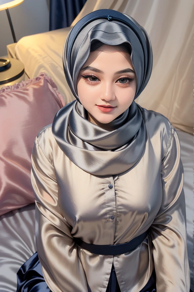 (Tafah, real, Best quality, Better lighting, 1 photo of a solo girl, Beautiful makeup, Eye shadows, Parted lips, Detailed eyes, lovely big eyes, Long eyelashes, He smiles, He wears ((Navy blue satin head scarf)), Loose tide hijab style, ((Dark gray satin shirt)), Long satin skirt, Sleeping on the bed