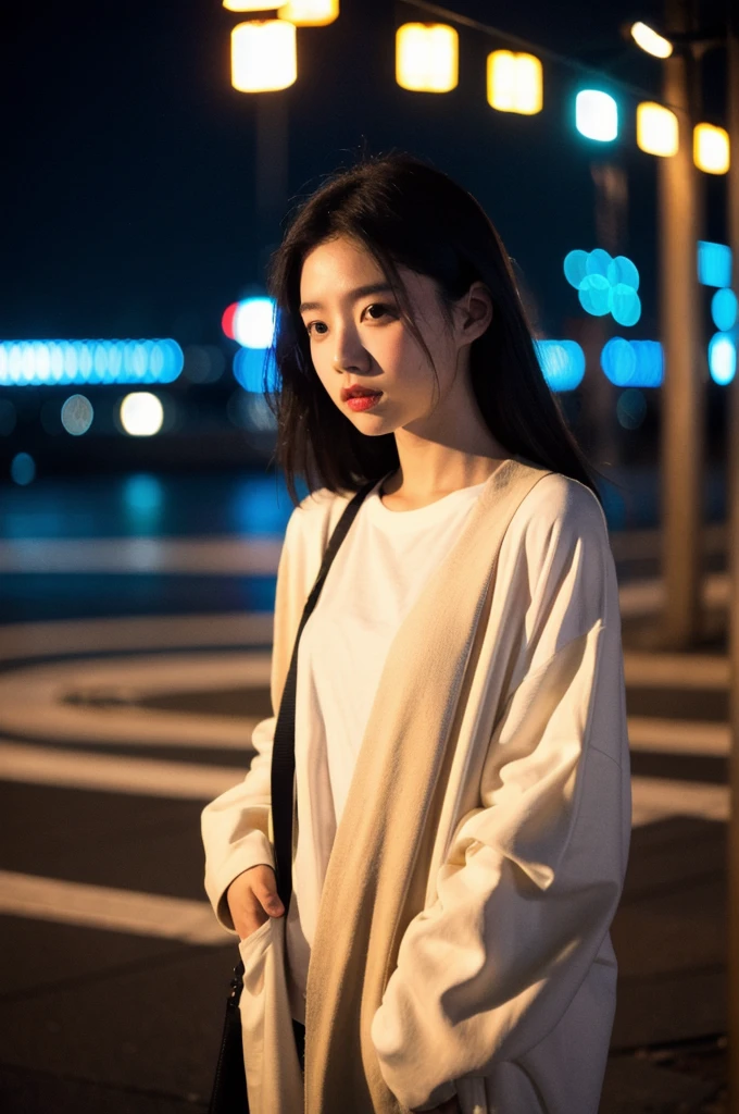 (Cinematic Aesthetic:1.4) Photo of a beautiful korean fashion model bokeh city night
