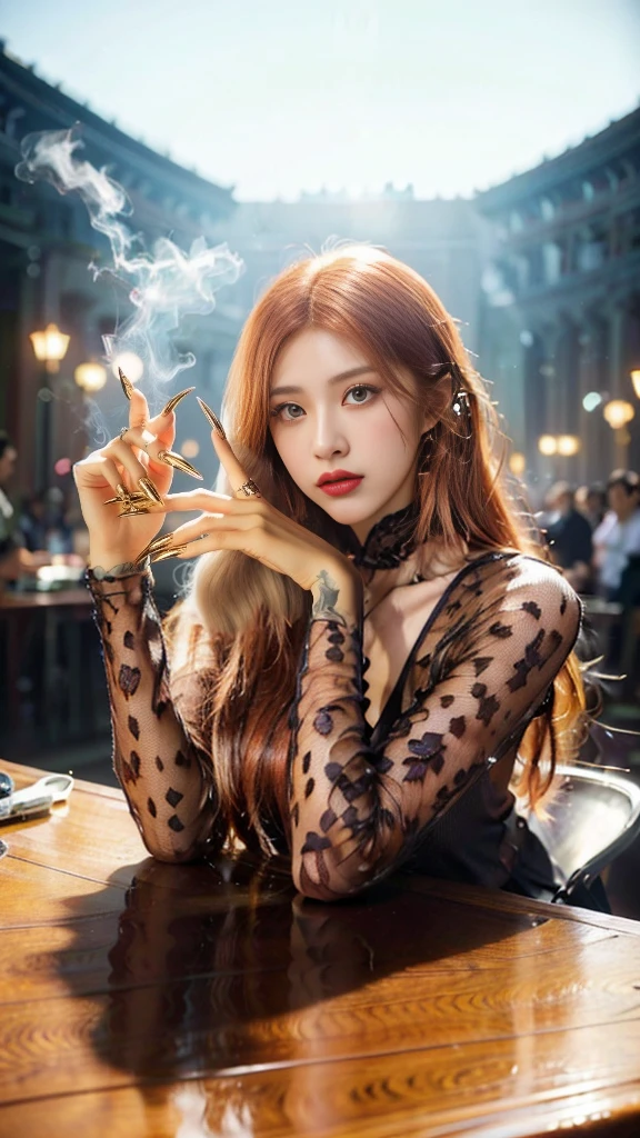 a girl with long red hair and a bow in her hair, chinese model, beautiful, asian, pretty nezuko, ayaka genshin impact, rin tohsaka, official artwork, demon slayer, tanjiro kamado, flaming katana, kawacy, anime visual of a cute girl, long sharp fingernails,