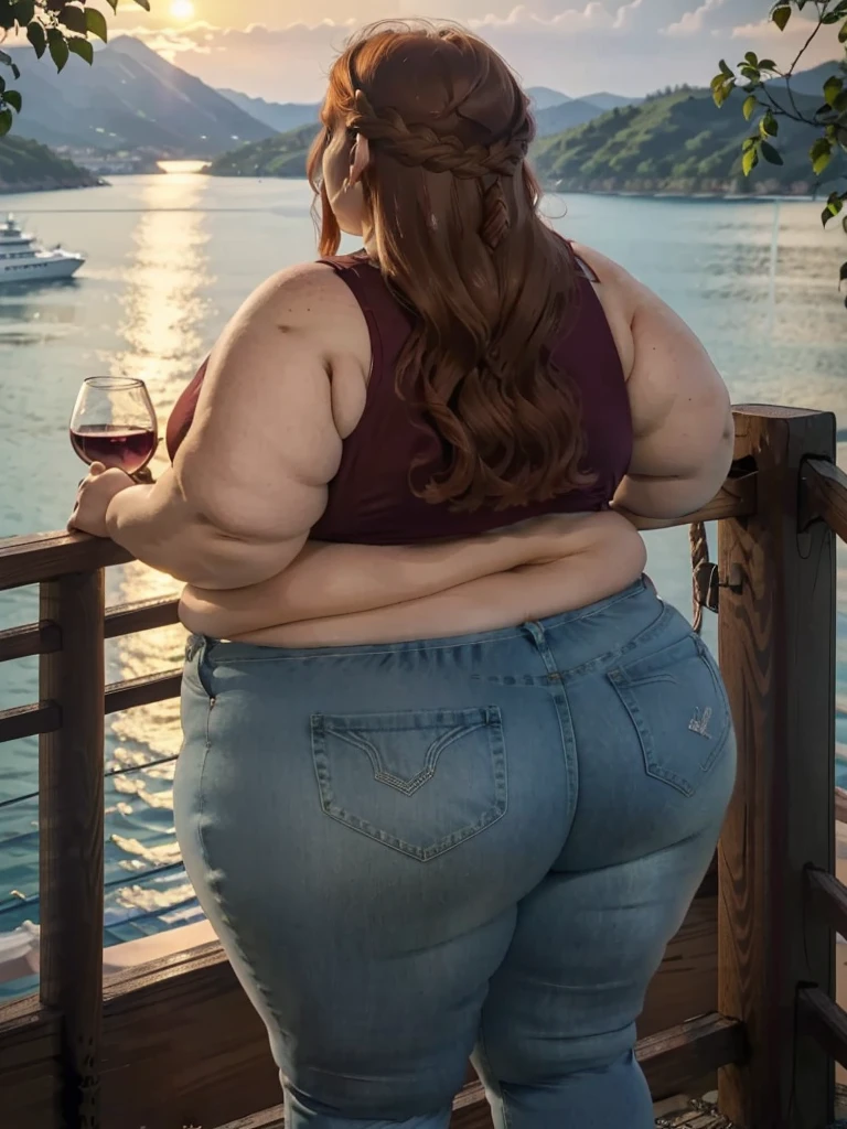 A backview photo of a Beautiful ginger SSBBW, with long wavy light Brownish-ginger braided hair, freckled body thicc fat arms, very thicc wide legs, huge obese booty in tight short jeans, and cute loose dark blue top, standing on a cruise, crusie side next to a cruise fence on a vacation, holding a glass of wine while looking to the water in a lake watching the sunset behind the hills