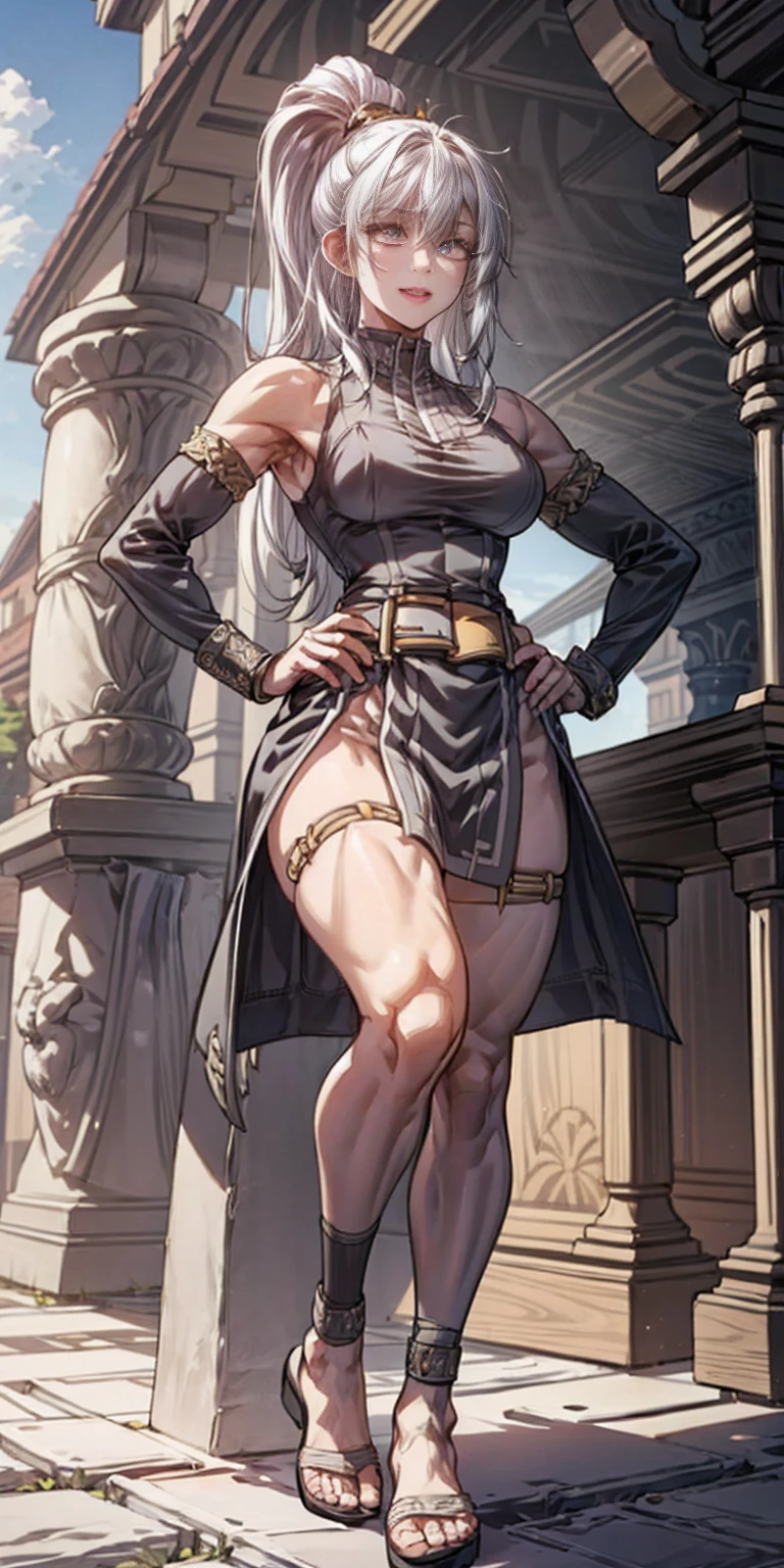 full body toe to head, masterpiece, 1soloMILF BIMBO standing bra and loincloth, leather collar, red gloves gauntlets hands on hips military boots 