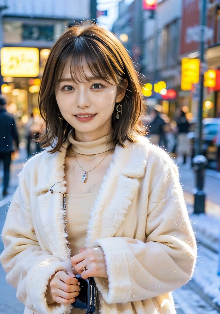 Outdoors in the city、Fur coat、豪華なグレーのミンクのFur coat、Wear fine leather boots、Luxury Bags、Inner turtleneck、Silver necklace and small silver earrings, Illionaire style:1.4))、Full body photo、smile、 Caustics、Highly detailed photos、Very beautiful woman 、Ample breasts、No makeup、(8K、RAW Photos、Highest quality、masterpiece:1.2)、(Realistic、Realistic)、1 Girl、((Medium Short Hair、Midwinter、Cold region Snow falling、The wind is blowing、Fluttering Hair、Blur the background、Colorful illuminations、Looking into the camera:1.4))、