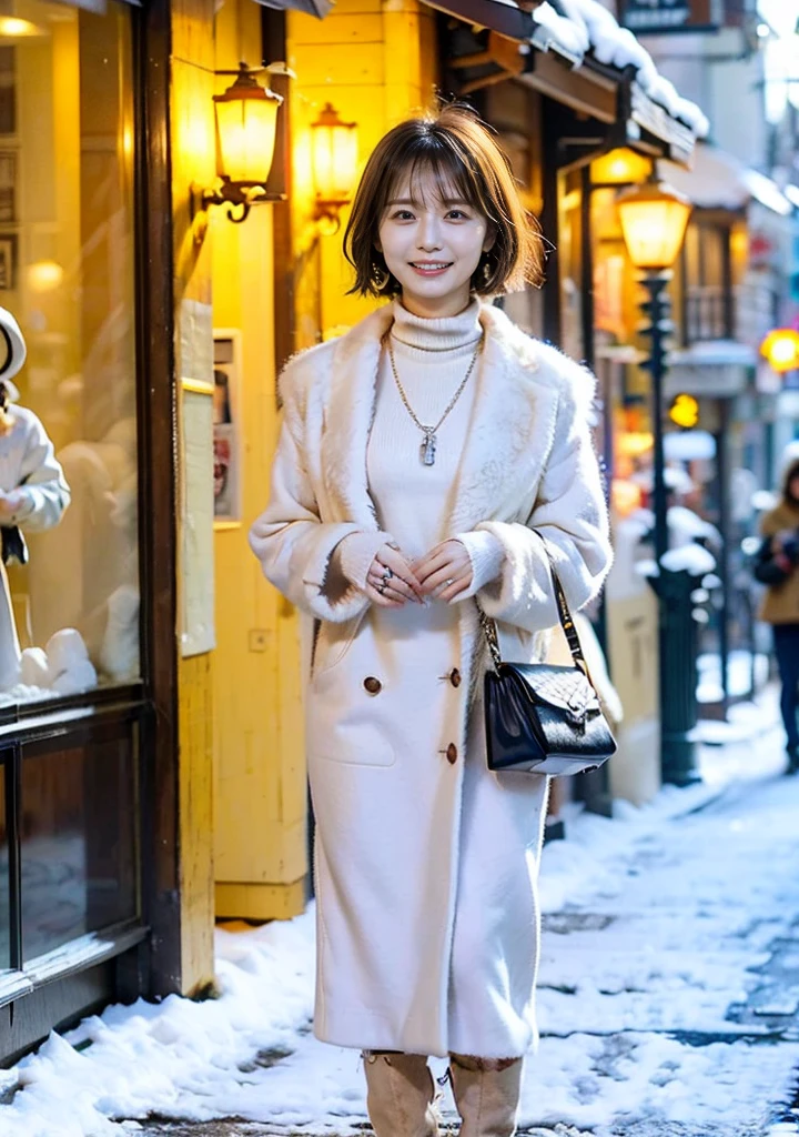 Outdoors in the city、Fur coat、豪華なグレーのミンクのFur coat、Wear fine leather boots、Luxury Bags、Inner turtleneck、Silver necklace and small silver earrings, Illionaire style:1.4））、Full body photo、smile、 Caustics、Highly detailed photos、Very beautiful woman 、Ample breasts、No makeup、(8K、RAW Photos、Highest quality、masterpiece:1.2)、(Realistic、Realistic)、1 Girl、((Medium Short Hair、Midwinter、Cold region Snow falling、The wind is blowing、Fluttering Hair、Blur the background、Colorful illuminations、Looking into the camera:1.4))、
