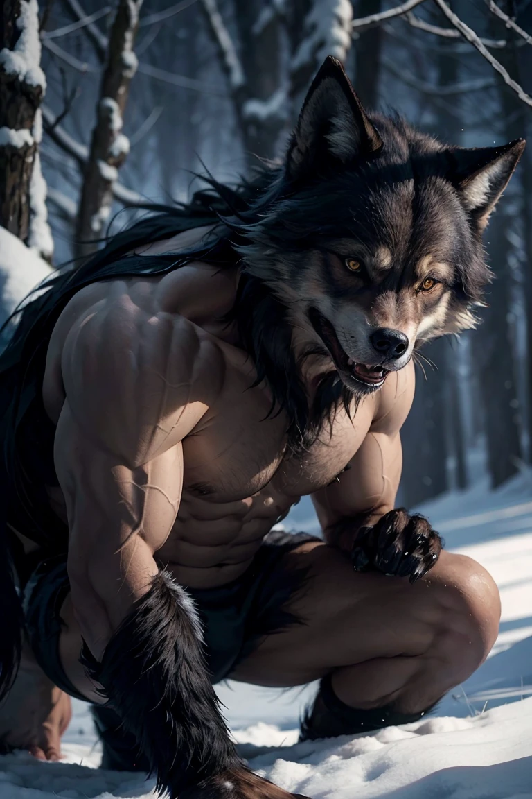 Werewolf with a wolf face and muscular wolf fur on his body.