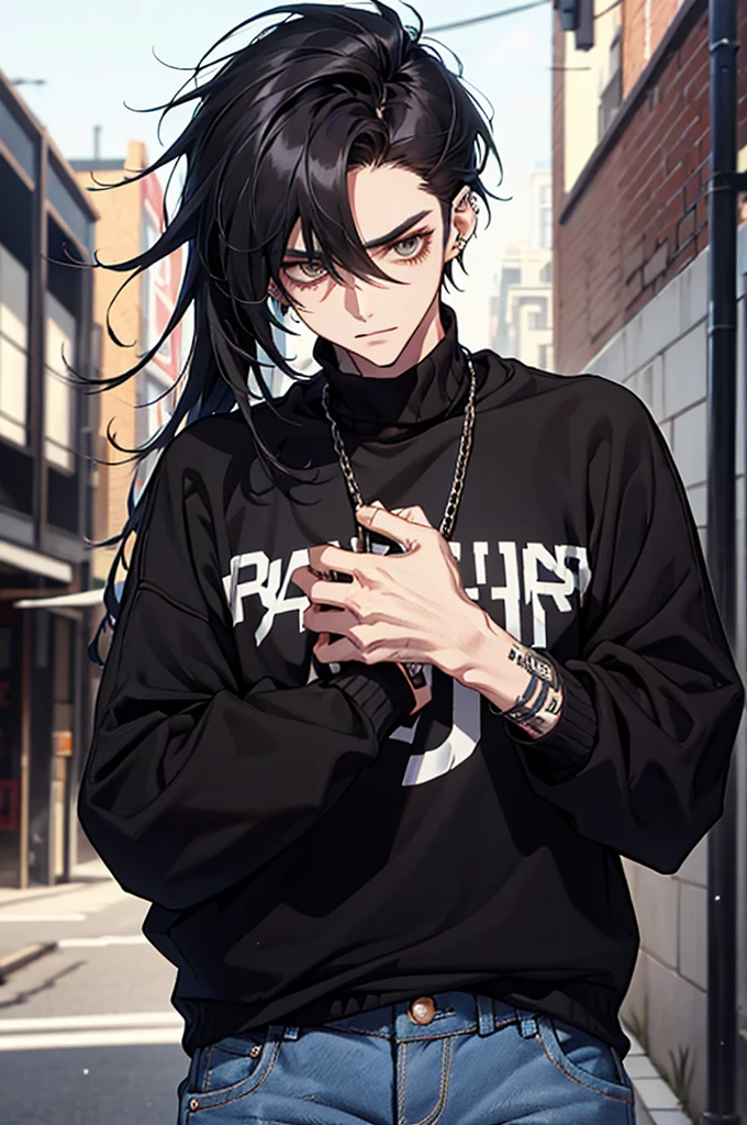 (best quality) (detail), 1 guy, thin, manly, punk, black oversize sweater, baggy jeans, long hair, dark, piercing, black hair