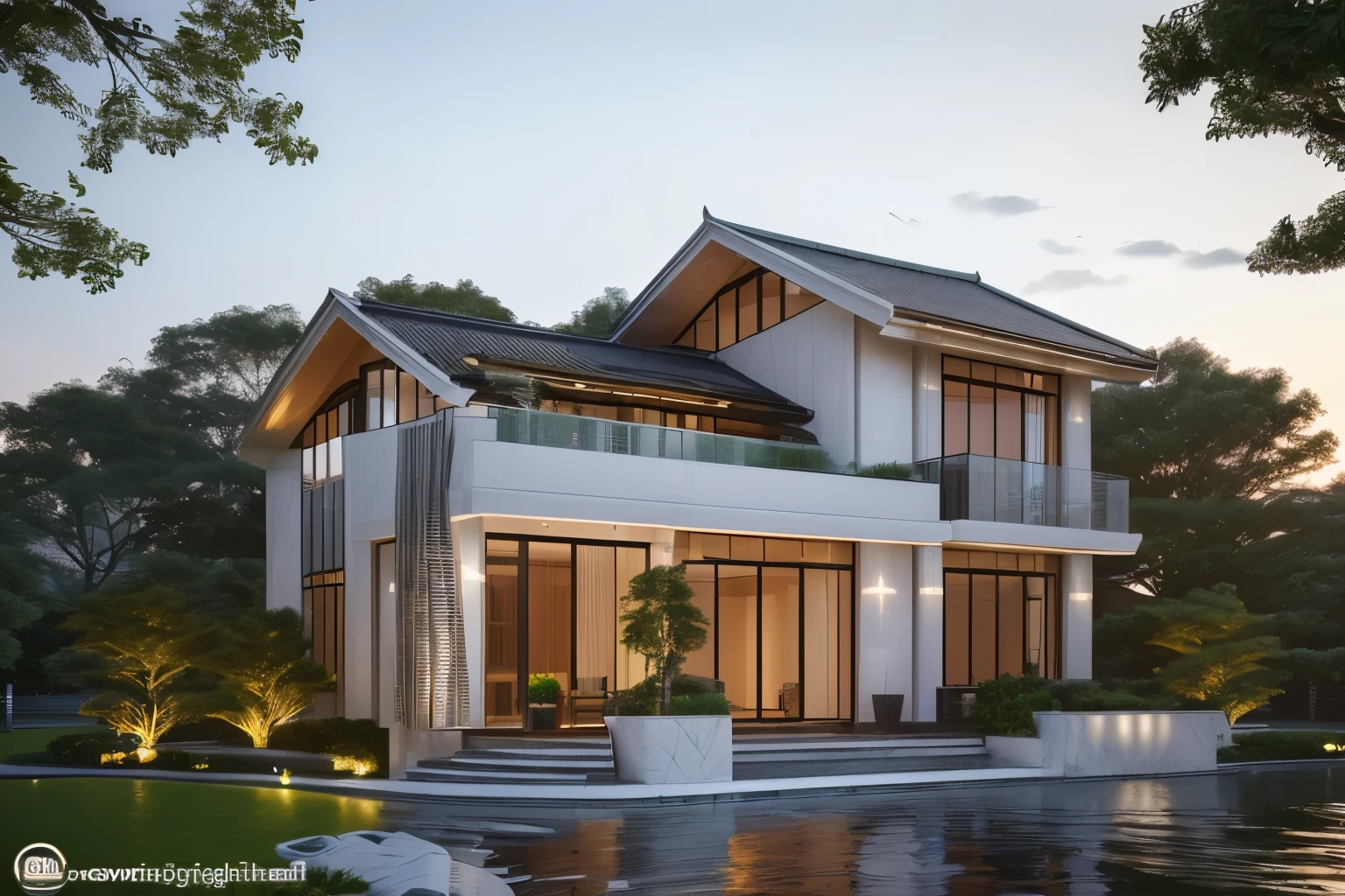 3D render of a beautiful house. The house is adorned with elegant lighting and plants to enhance its exterior appearance in a Vietnam city street, Behind are hills and mountains with clear blue sky. Aerial view of the tranquil garden with lush green grass, winding paths leading to an elegant koi pond surrounded by ornamental fish and tropical plants.  The house looks like a fairy tale, with a large porch to sit and drink tea with wooden panels and LED lights. The simple design features a white and dark grey color marble cladding scheme with big windows on the first floor and a small balcony above it with green plants. This space creates natural beauty that can be used as a serene spot to relax or enjoy nature. The main door is made of aluminum and glass reaching to the ceiling. Ground floor full glass door, The main door is made of art glass, the windows are large and the ceiling is made of glass. Looking into the house through the middle glass window is the living room, the left glass window is the kitchen, the right glass window is the bedroom, interior lighting rendering and lighting effects. It is an architectural rendering with a perspective view and daylight lighting. taken with professional photography techniques, using a wide angle lens with bright natural light and high resolution details, in the style of photorealistic architectural rendering, in the style of professional photograph, hyper realistic, highly detailed.