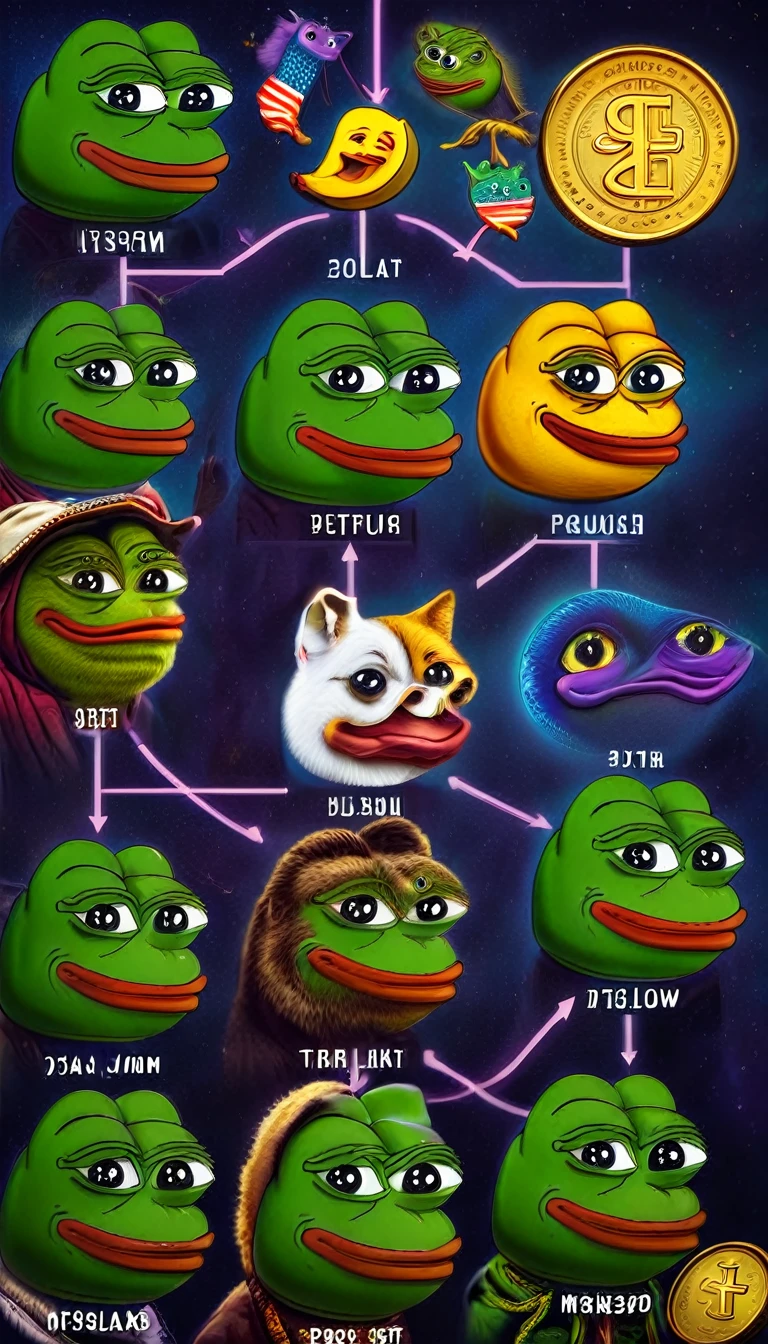 images of the Pepe family tree rendered in a 'This is fine' crypto solana market 