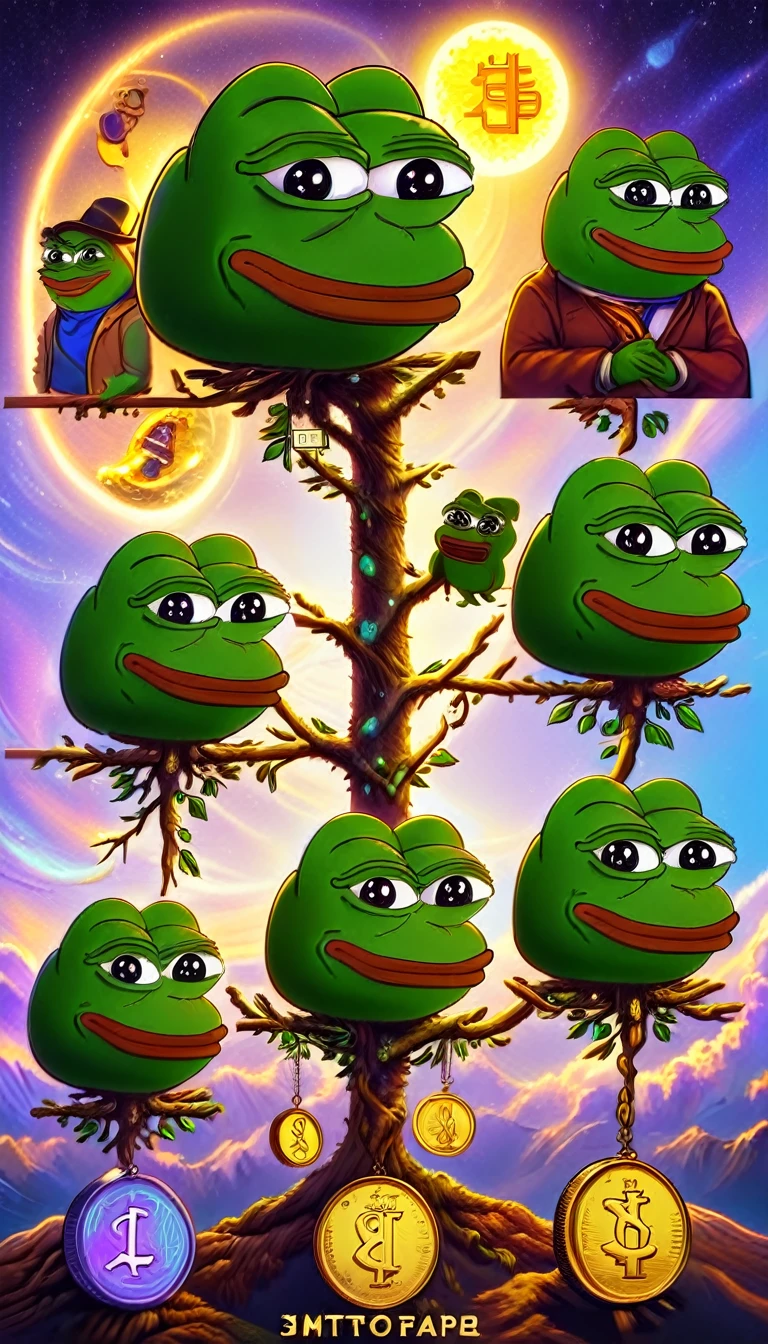 images of the Pepe family tree rendered in a 'This is fine' crypto solana market