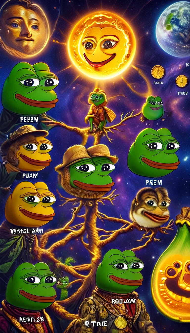 images of the Pepe family tree rendered in a 'This is fine' crypto solana market 