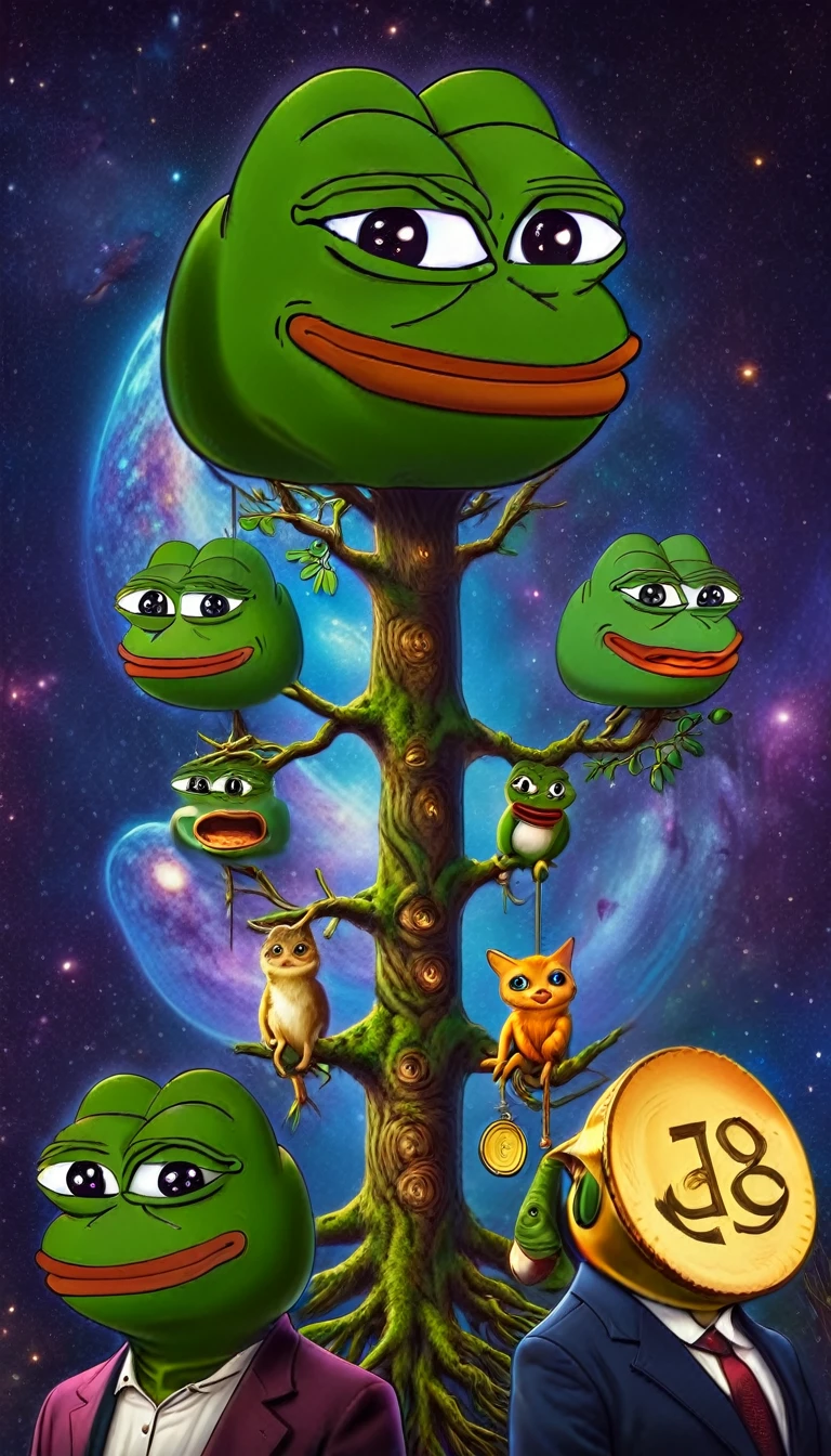images of the Pepe family tree rendered in a 'This is fine' crypto solana market