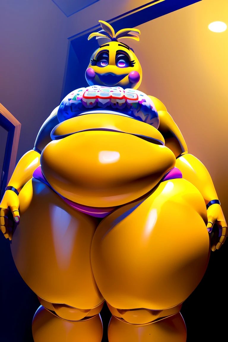 Chica from Five Nights at Freddy's, ((insanely big thighs)), ((fat rolls on hips)), ((gigantic hips)), (thin upper body), (massive lower body), thighs several times wider than body, thighs occupy most of frame, ((looking down at her own thighs), ((obese)), ((ssbbw)), (eyes wide), (1eyebrow raised), (clear face), shocked expression