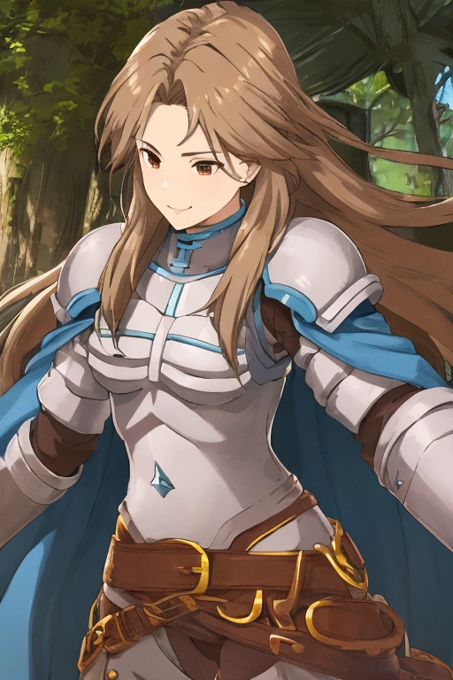 katalina (granblue fantasy), solo, 1girl, armor, gauntlets, belt, breastplate, shoulder armor, cape, cape covers, pauldrons, pants, forest, smile, standing, best quality, masterpiece 